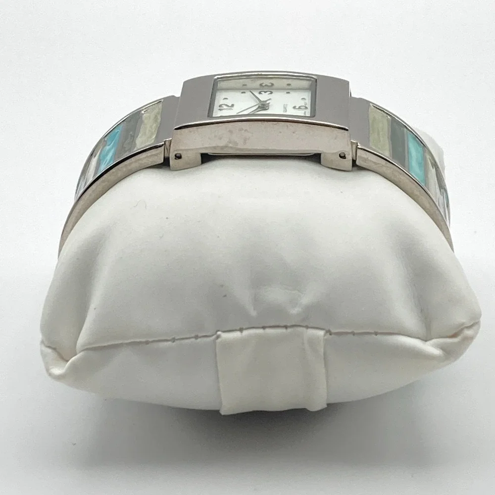 Women's Watch Silver Tone 23mm Cuff Enamel Swirl Blue Beach New Battery 6.25